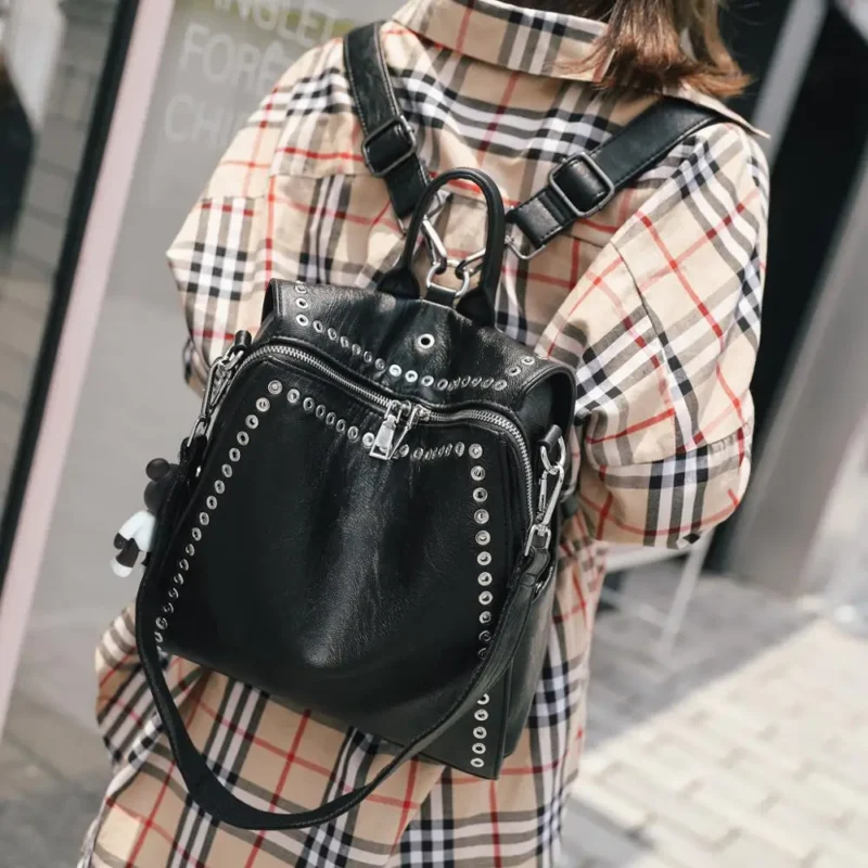 Premium Genuine Cowhide Leather Women's Backpack with Rivet Detail for Fashion, Travel and School - Image 5