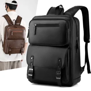 Premium PU Leather Men's Laptop Backpack with Multiple Compartments for School and Travel