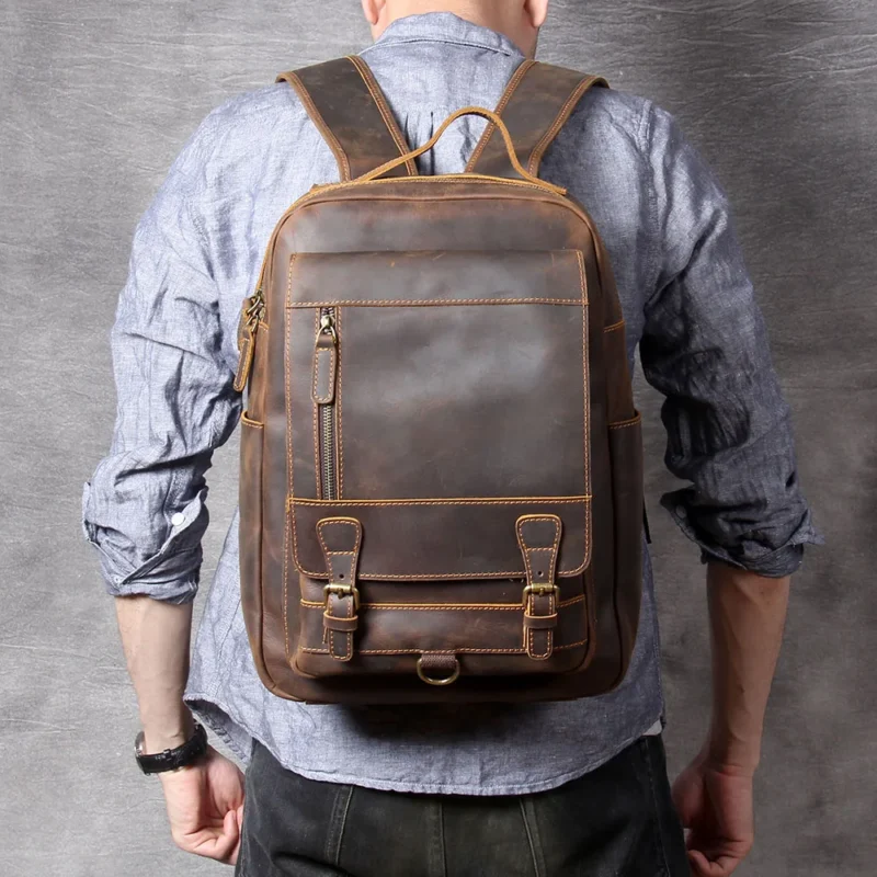 Vintage Brown Crazy-Horse Leather Men's Laptop Backpack with Multiple Compartments - Image 2