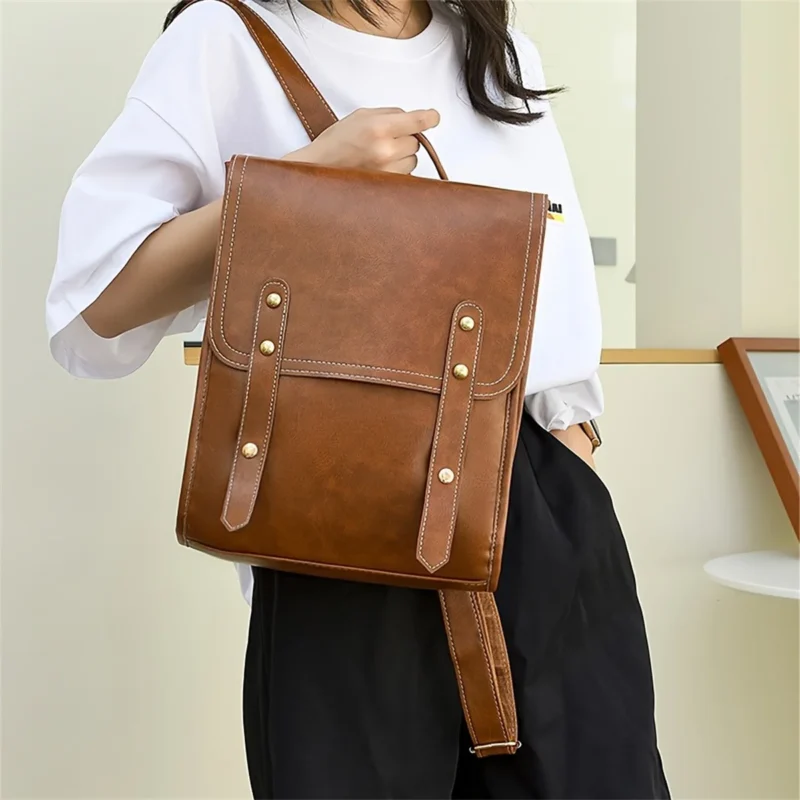 Vintage Brown Vegan Leather Laptop Backpack Multi-Purpose Daypack for Men and Women - Image 2