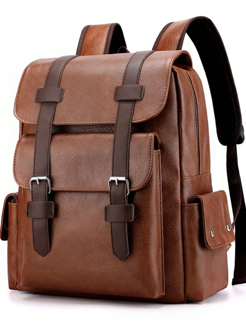 Vintage Brown PU Leather Laptop Backpack with Waterproof Design and Large 36-55L Capacity - Image 8