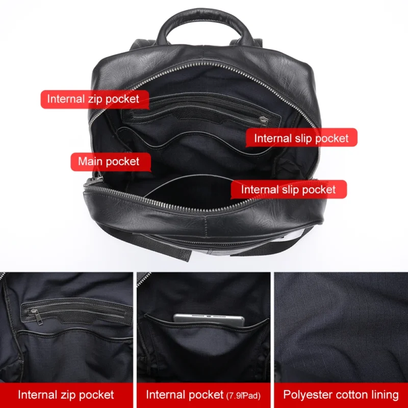 Premium Full Grain Cowhide Leather Men's Laptop Backpack 14-Inch Business Travel Bag with Multiple Compartments - Image 3