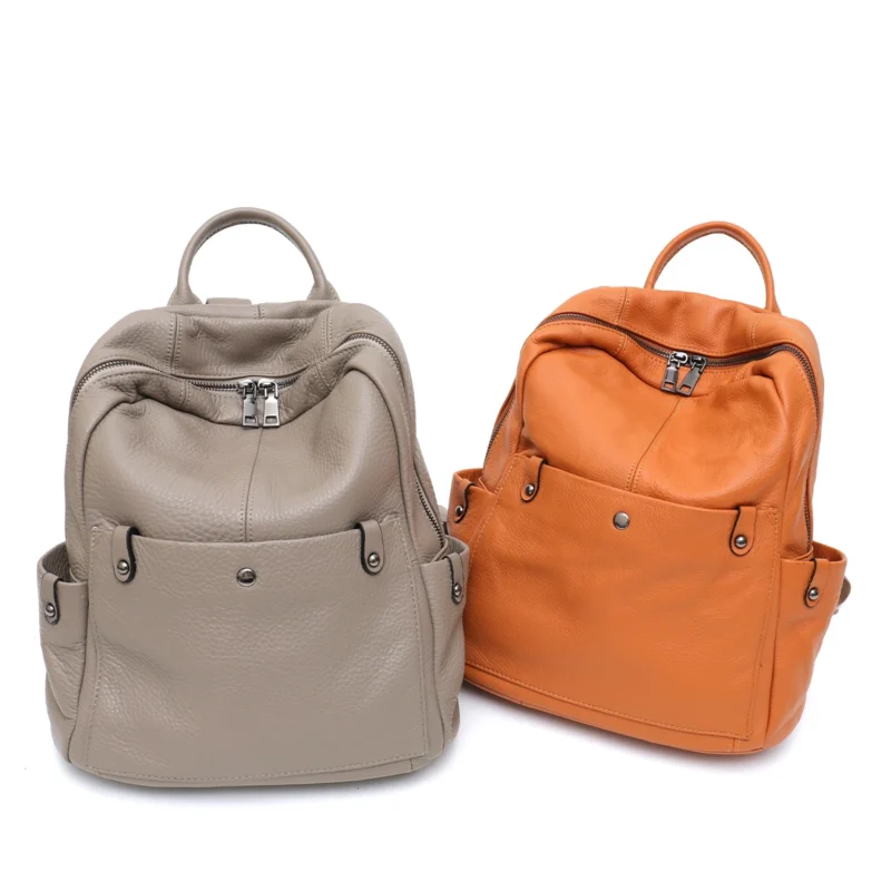 Premium Genuine Cowhide Leather Backpack Unisex Compact Multi-Pocket Casual Daypack for Travel and Everyday Use - Image 2