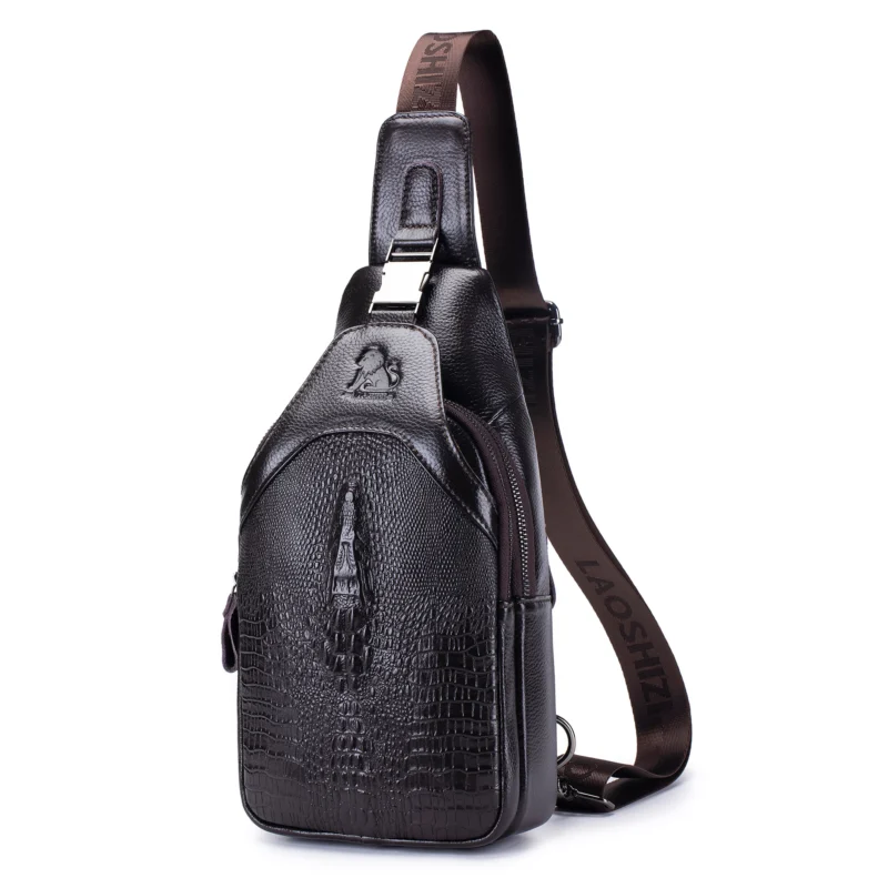 Premium Crocodile Pattern Leather Men's Crossbody Chest Bag with USB Charging Port - Image 7