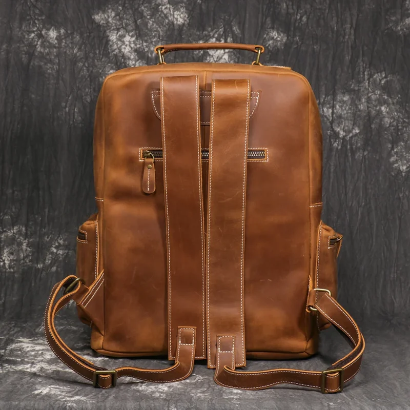 Vintage Crazy Horse Leather Travel Backpack Large Capacity Laptop Bag with Multiple Compartments - Image 4