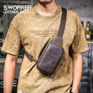 Premium Full Grain Leather Chest Sling Bag Men's Crossbody Daypack with Large Capacity