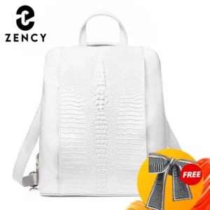 Premium Full Grain White Leather Women's Crocodile Pattern Backpack with Laptop Compartment
