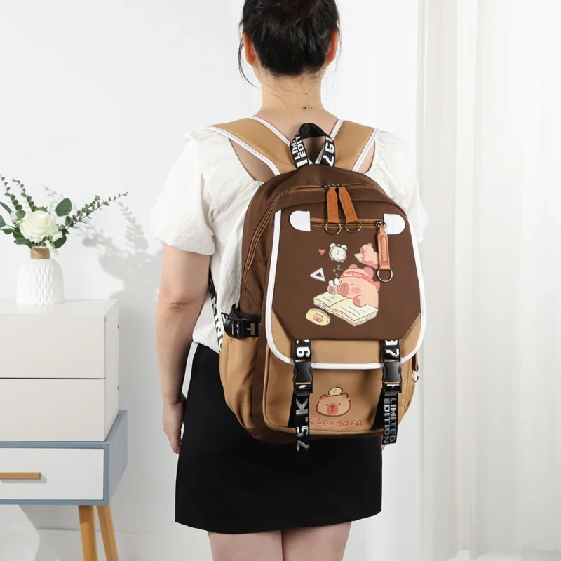 Cute Capybara Nylon Backpack Large Capacity Student Bookbag with Adjustable Straps - Image 4