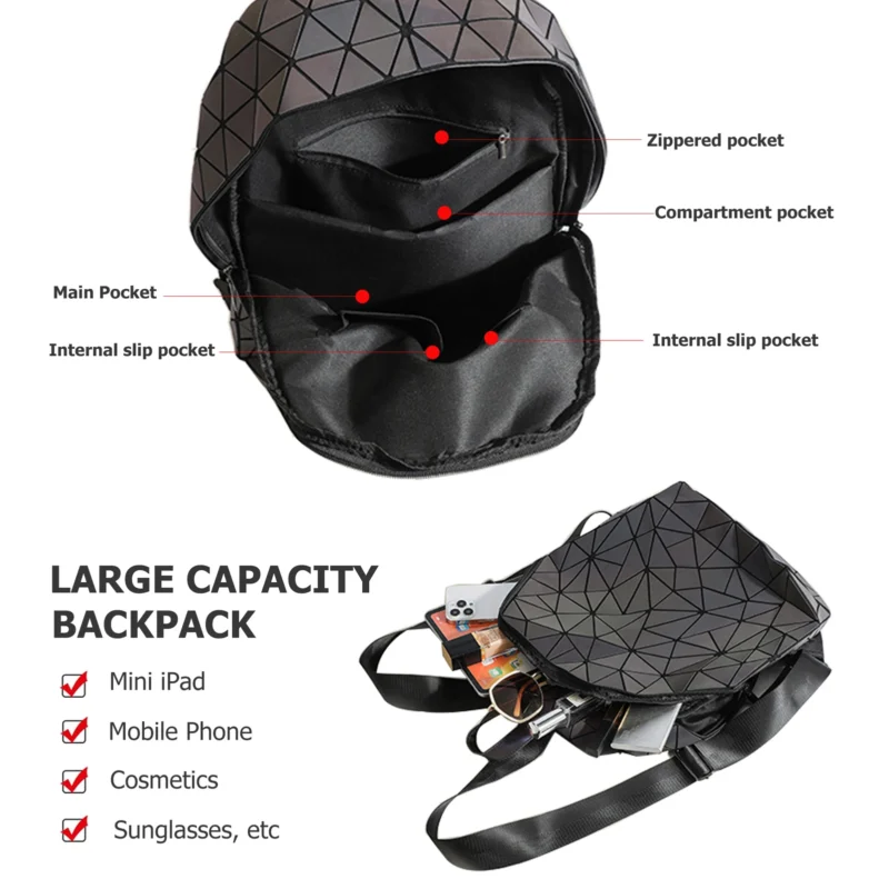 Holographic Geometric Laser Diamond PU Leather Women's Fashion Backpack with Glow-in-the-Dark Design - Image 4