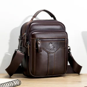 Premium Vintage Brown Cowhide Leather Men's Crossbody Messenger Bag with Multiple Compartments