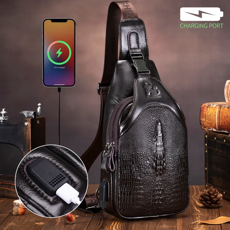 Premium Crocodile Pattern Leather Men's Crossbody Chest Bag with USB Charging Port