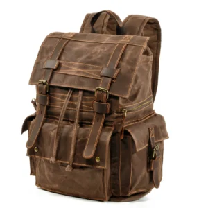 Vintage Canvas Leather Backpack with 15-inch Laptop Compartment for Daily Travel and Hiking