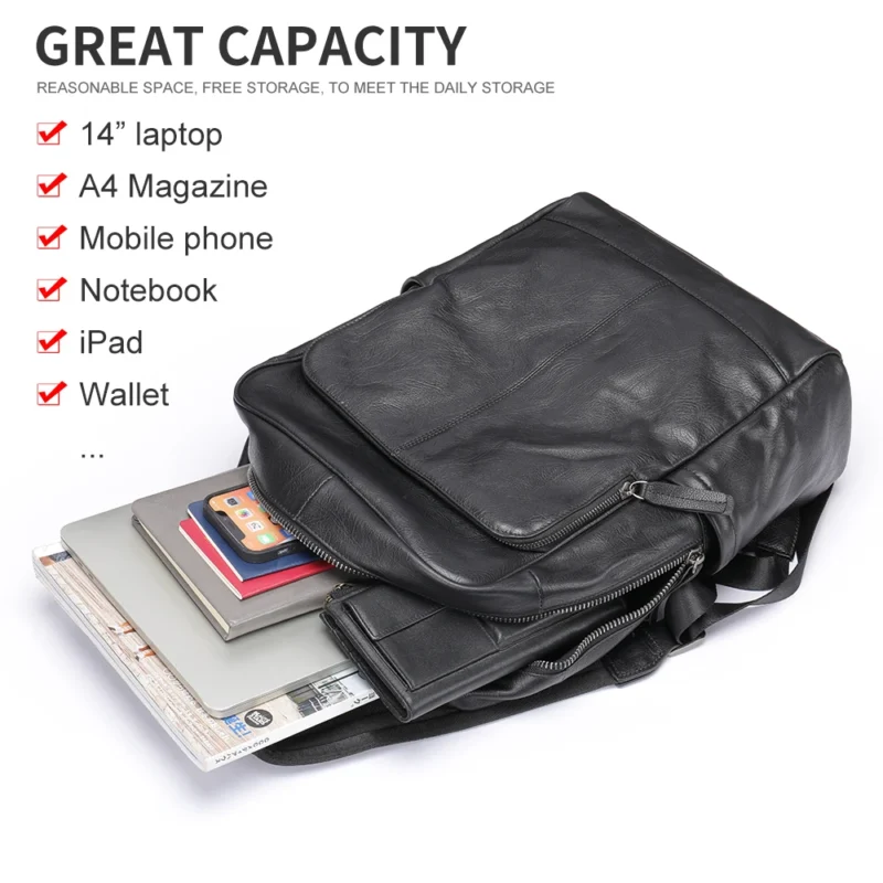 Premium Full Grain Cowhide Leather Men's Laptop Backpack 14-Inch Business Travel Bag with Multiple Compartments - Image 5