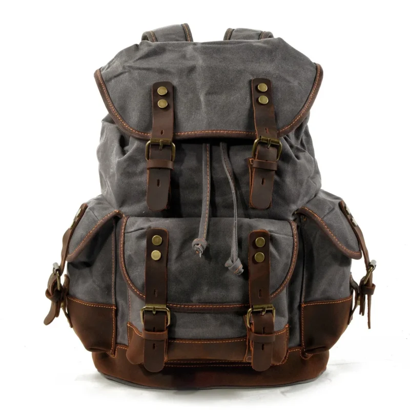 Vintage Canvas Leather Backpack Large Capacity Outdoor Travel Hiking Daypack with Laptop Compartment - Image 11