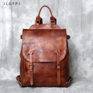 Vintage Vegetable Tanned Leather Men's Laptop Backpack with Large Capacity Computer Compartment