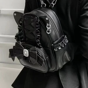 Black PU Leather Lolita Backpack with Cat Ears and Bow Decoration for Women