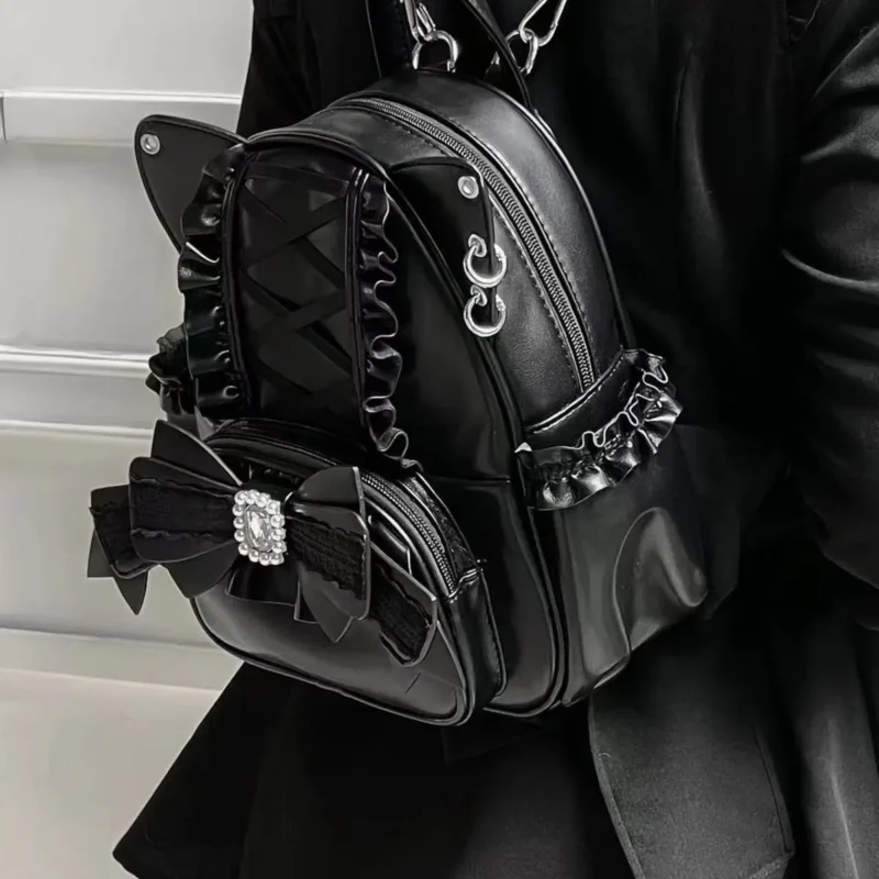 Black PU Leather Lolita Backpack with Cat Ears and Bow Decoration for Women