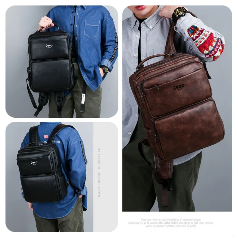 Premium Split Leather Men's Laptop Backpack for Travel and Business with Multiple Compartments - Image 3