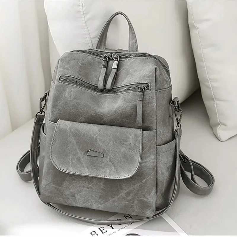 Premium Gray PU Leather Women's Convertible Backpack Purse with Multiple Compartments - Image 3