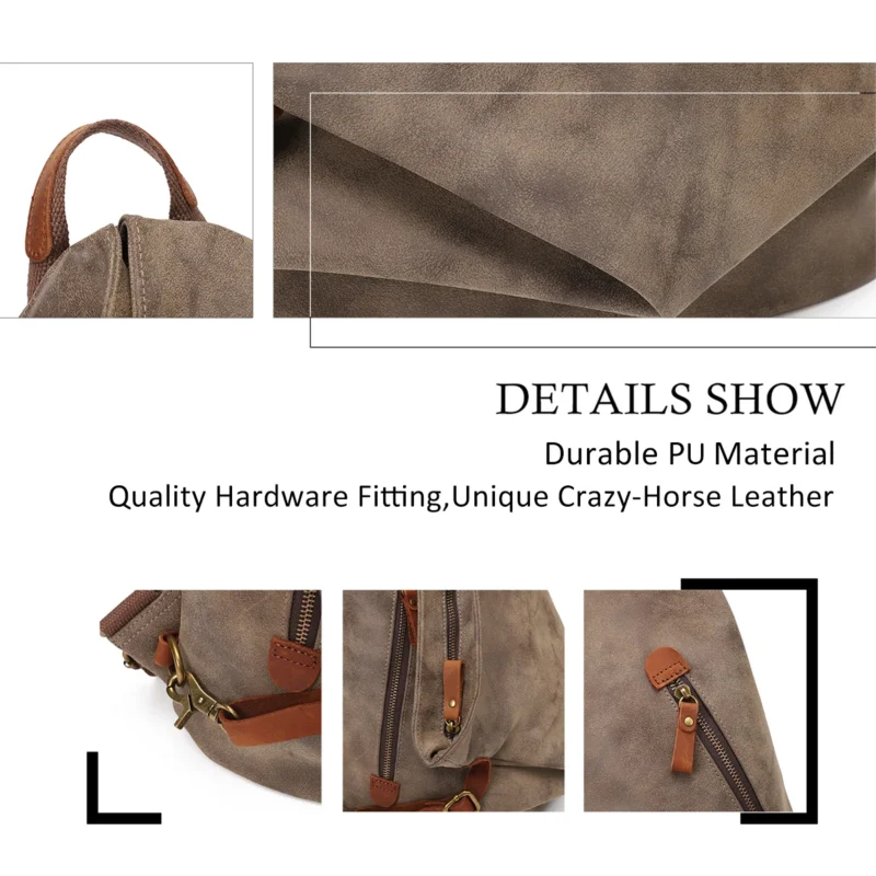 Vintage Brown PU Leather Travel Backpack with Multiple Compartments for Men and Women - Image 3