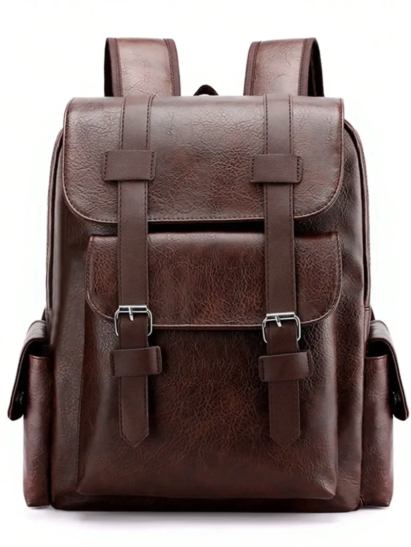 Vintage Brown PU Leather Laptop Backpack with Waterproof Design and Large 36-55L Capacity - Image 2