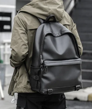 Premium Black PU Leather 16-inch Laptop Backpack for Business Travel with Waterproof Protection