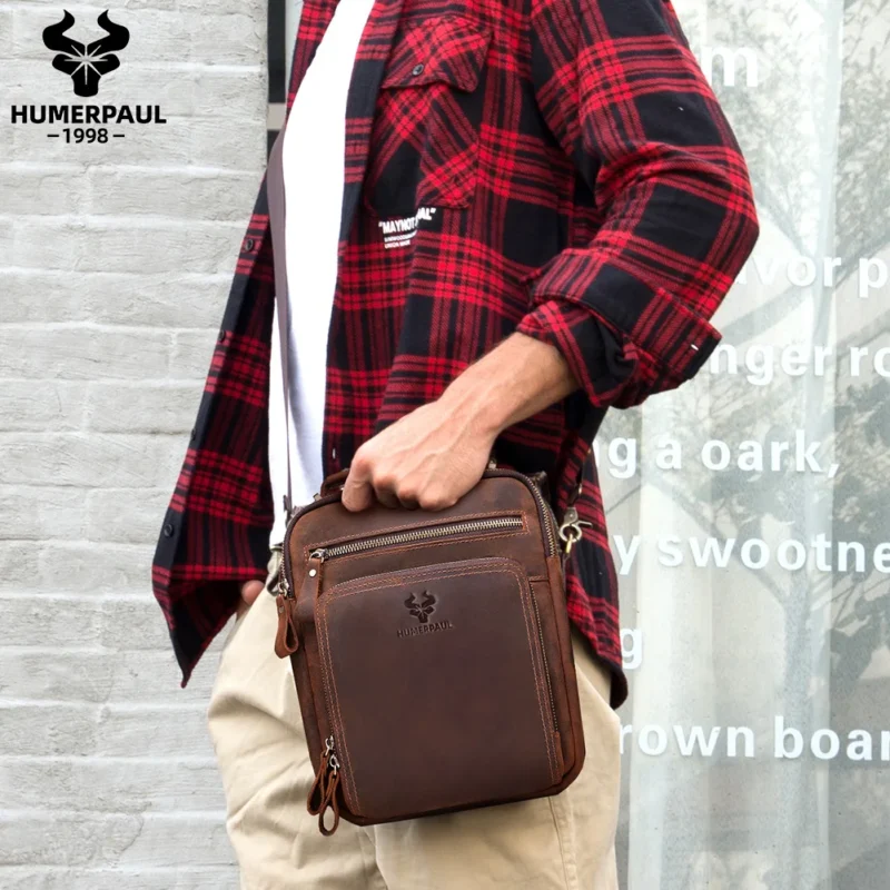 Vintage Crazy Horse Leather Messenger Bag Men's Large Capacity Travel Shoulder Tote with Laptop Compartment - Image 6
