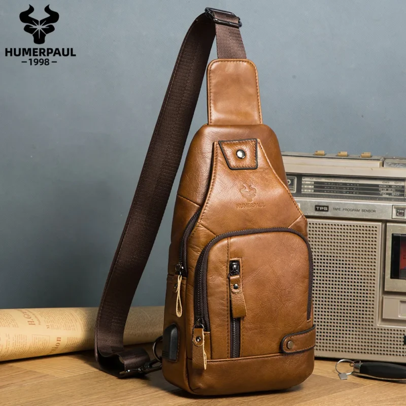 Premium Genuine Leather Men's Chest Bag with USB Port for Travel and Everyday Use - Image 9