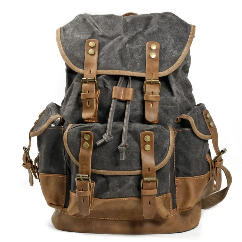 Vintage Canvas Leather Backpack Large Capacity Outdoor Travel Hiking Daypack with Laptop Compartment - Image 15