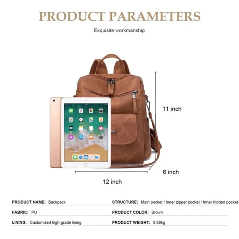 Waterproof Brown PU Leather Women's Backpack Purse with Multiple Compartments - Image 4