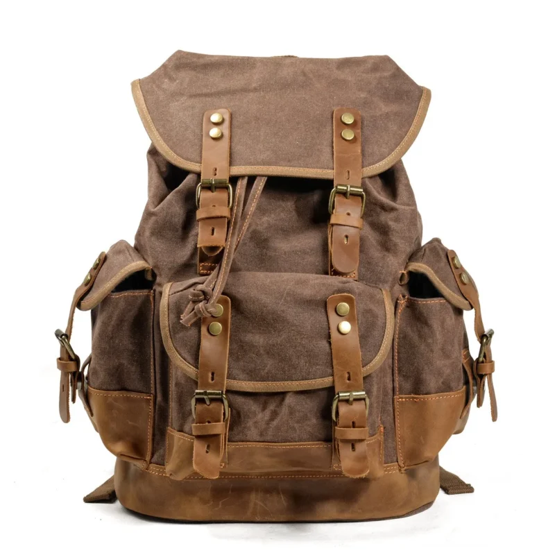 Vintage Canvas Leather Backpack Large Capacity Outdoor Travel Hiking Daypack with Laptop Compartment - Image 7