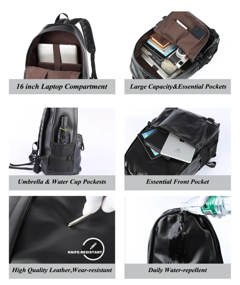 Premium Black PU Leather 16-inch Laptop Backpack for Business Travel with Waterproof Protection - Image 4