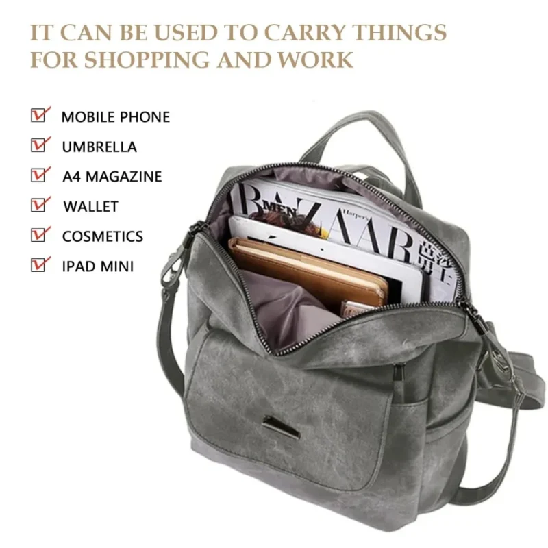 Premium Gray PU Leather Women's Convertible Backpack Purse with Multiple Compartments - Image 2