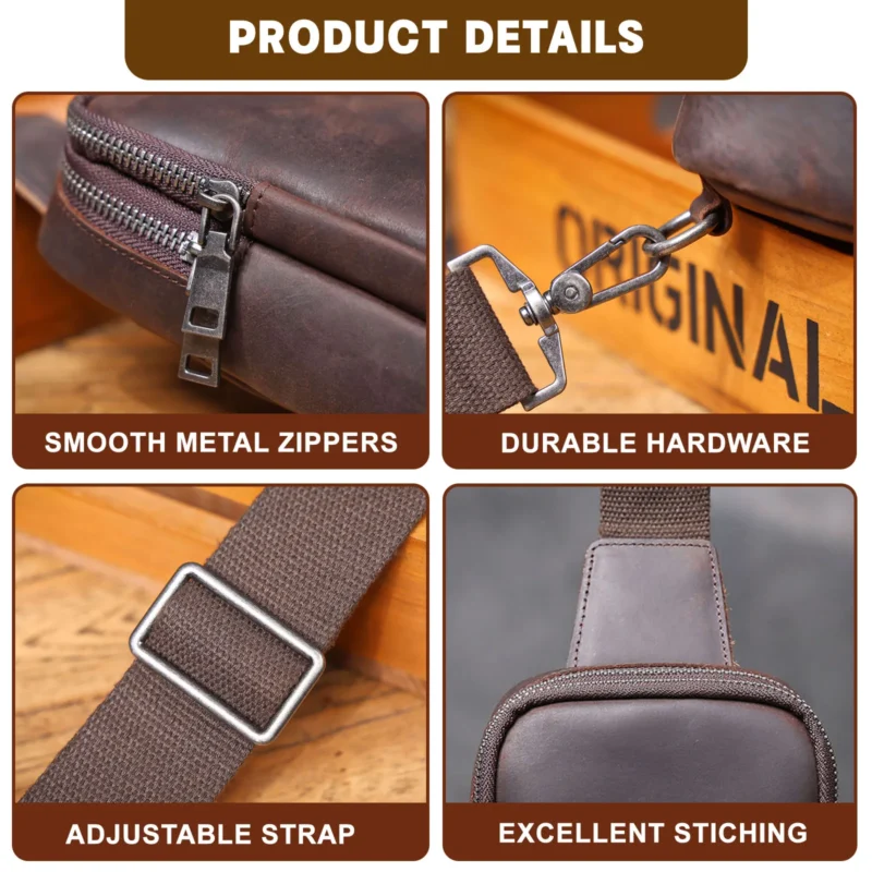 Premium Full Grain Leather Chest Sling Bag Men's Crossbody Daypack with Large Capacity - Image 5