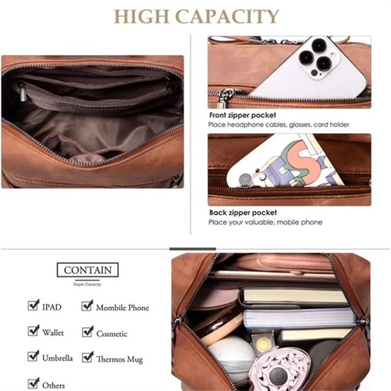 Waterproof Brown PU Leather Women's Backpack Purse with Multiple Compartments - Image 5