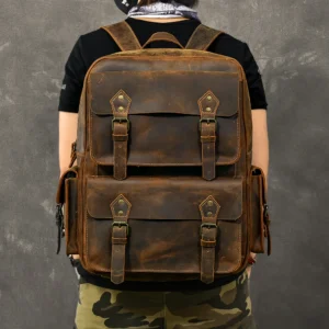 Vintage Full Grain Crazy Horse Leather Men's 17" Laptop Backpack for Travel and Hiking
