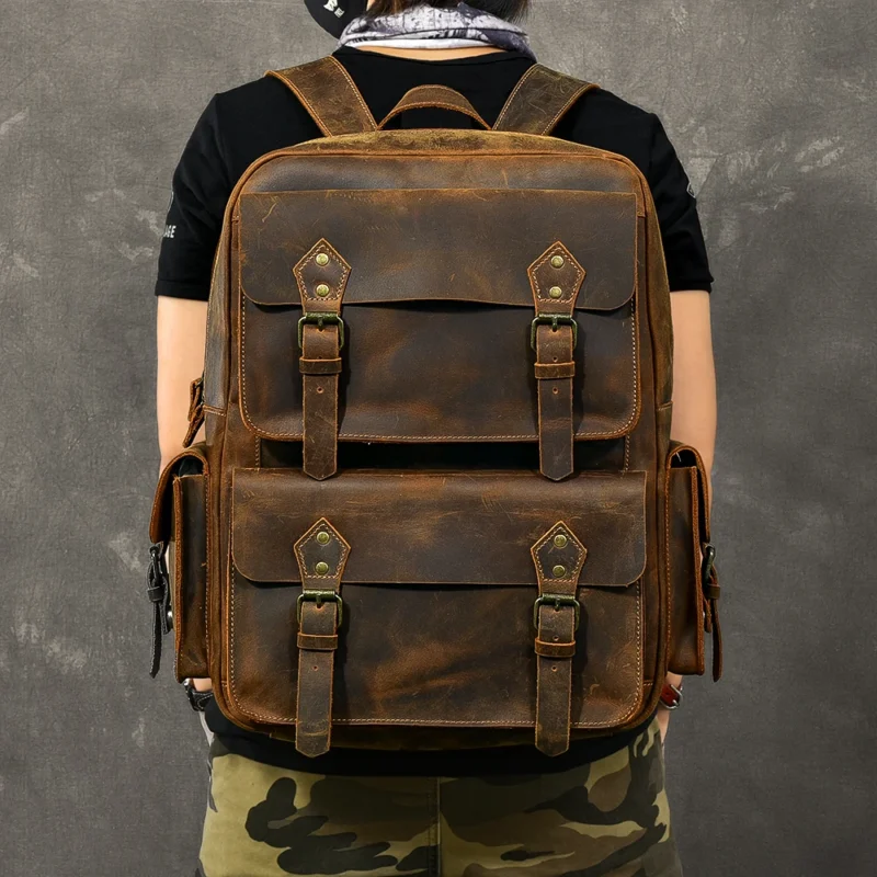 Vintage Full Grain Crazy Horse Leather Men's 17" Laptop Backpack for Travel and Hiking
