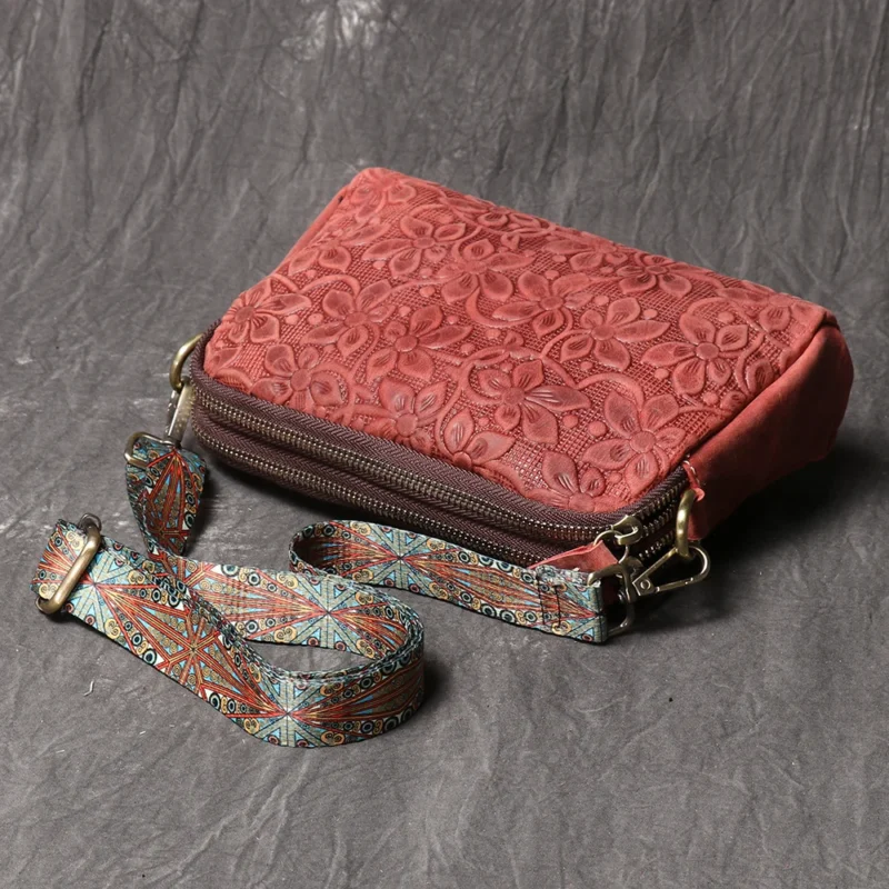 Vintage Embossed Genuine Leather Crossbody Shoulder Bag with Multiple Compartments - Image 4