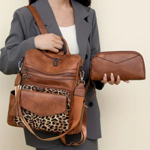 Vintage Leopard Print PU Leather Women's Backpack Large Capacity with Tassel Design