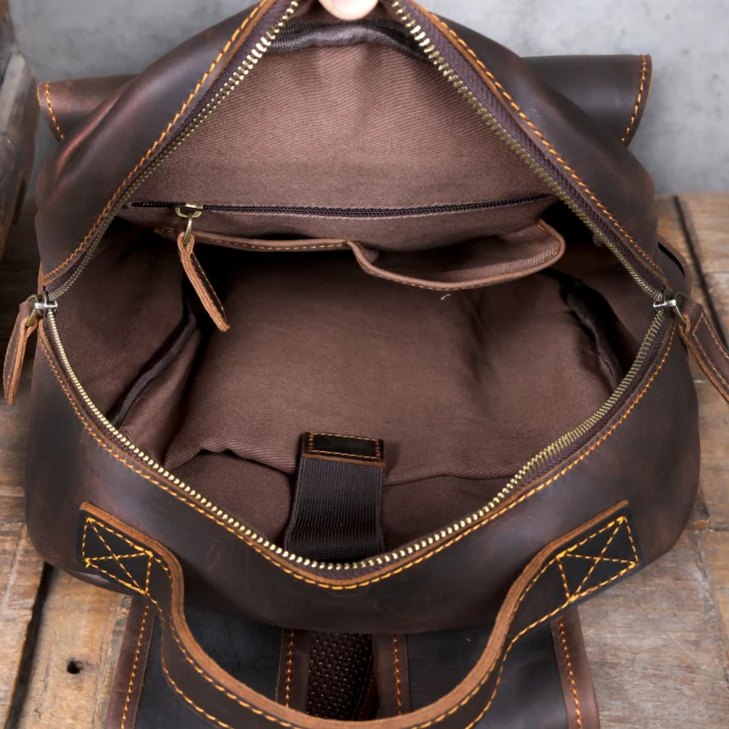 Vintage Brown Crazy-Horse Leather Men's Laptop Backpack with Multiple Compartments - Image 6