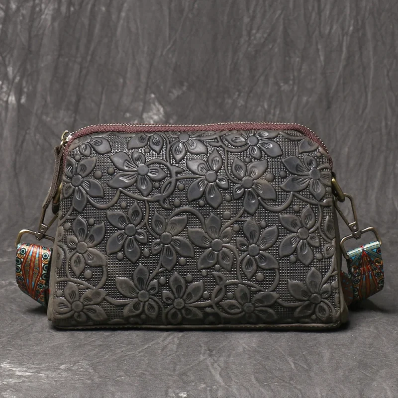 Vintage Embossed Genuine Leather Crossbody Shoulder Bag with Multiple Compartments - Image 7