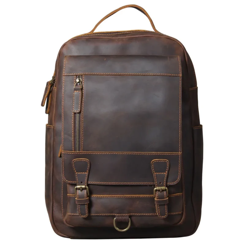 Vintage Brown Crazy-Horse Leather Men's Laptop Backpack with Multiple Compartments - Image 8