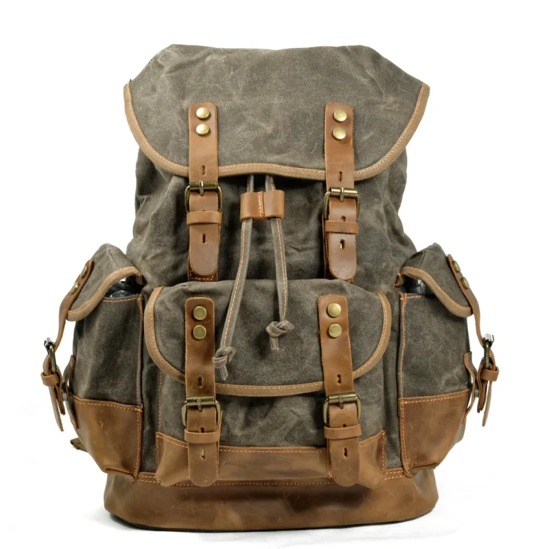 Vintage Canvas Leather Backpack Large Capacity Outdoor Travel Hiking Daypack with Laptop Compartment - Image 12