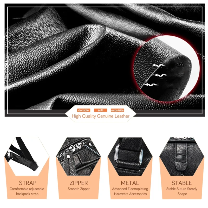 Premium Genuine Cow Leather Women's Fashion Backpack with Multiple Compartments for Travel and School - Image 6