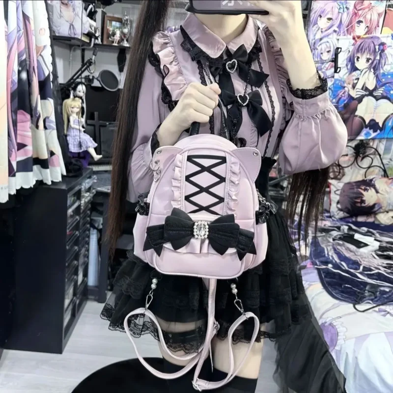 Black PU Leather Lolita Backpack with Cat Ears and Bow Decoration for Women - Image 6