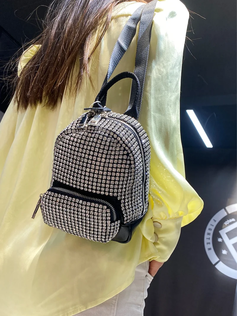 Rhinestone Mini Leather Backpack for Women - Fashion Sparkle Purse with Soft Handle - Image 3