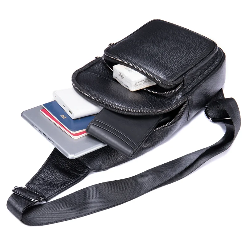 Premium Black Cowhide Leather Men's Sling Chest Bag with Multiple Compartments - Image 4