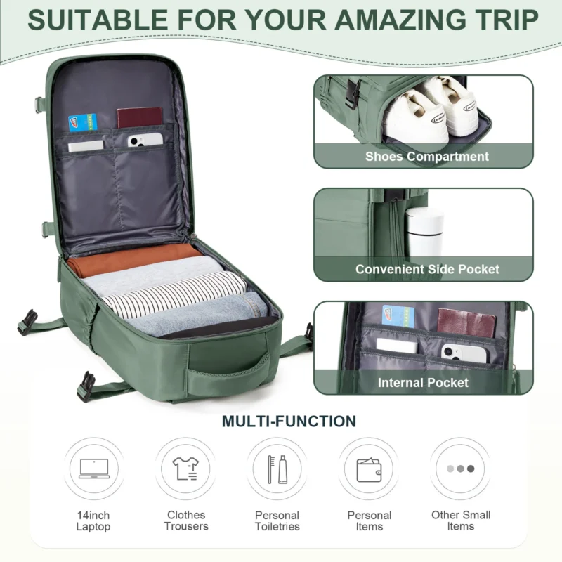 Compact Nylon Travel Backpack 40x20x25cm Cabin Size Carry-On Luggage with Laptop Compartment - Image 2