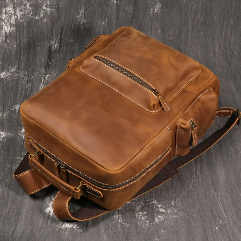 Vintage Crazy Horse Leather Travel Backpack Large Capacity Laptop Bag with Multiple Compartments - Image 5