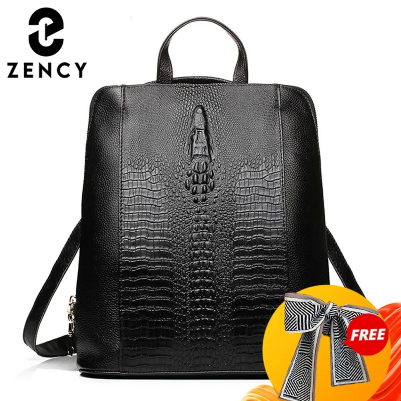 Premium Crocodile Pattern Genuine Leather Women's Backpack with Multiple Compartments